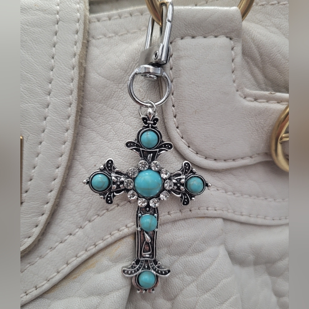 Western Bag Charm Southwestern Turquoise and Silver Cross Bag Charm